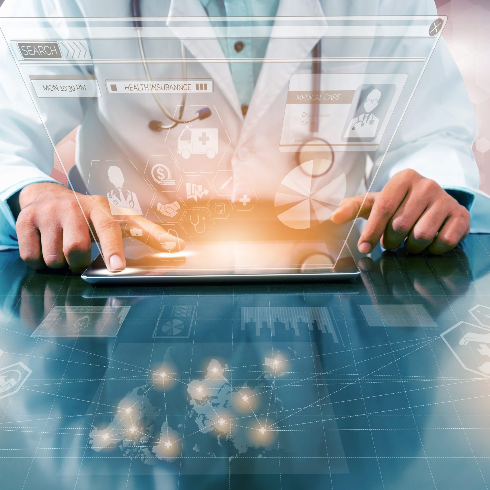 Medical Healthcare Concept - Doctor in hospital with digital medical icons graphic banner showing symbol of medicine, medical care people, emergency service network, doctor data of patient health.