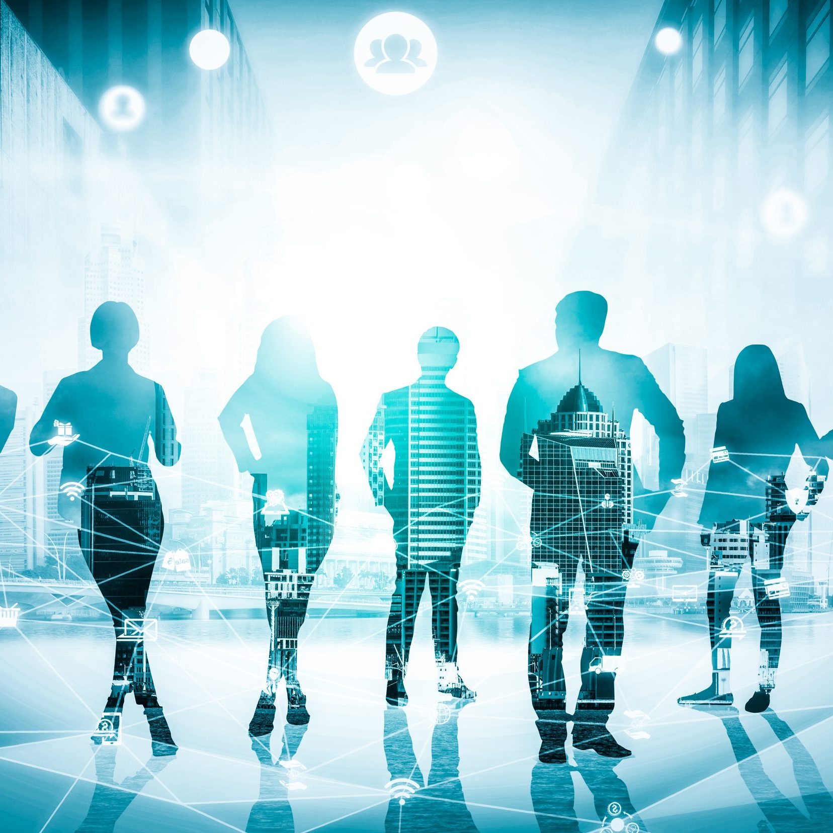 Creative image of many business people conference group meeting on city office building background showing partnership success of business deal. Concept of teamwork, trust and agreement.